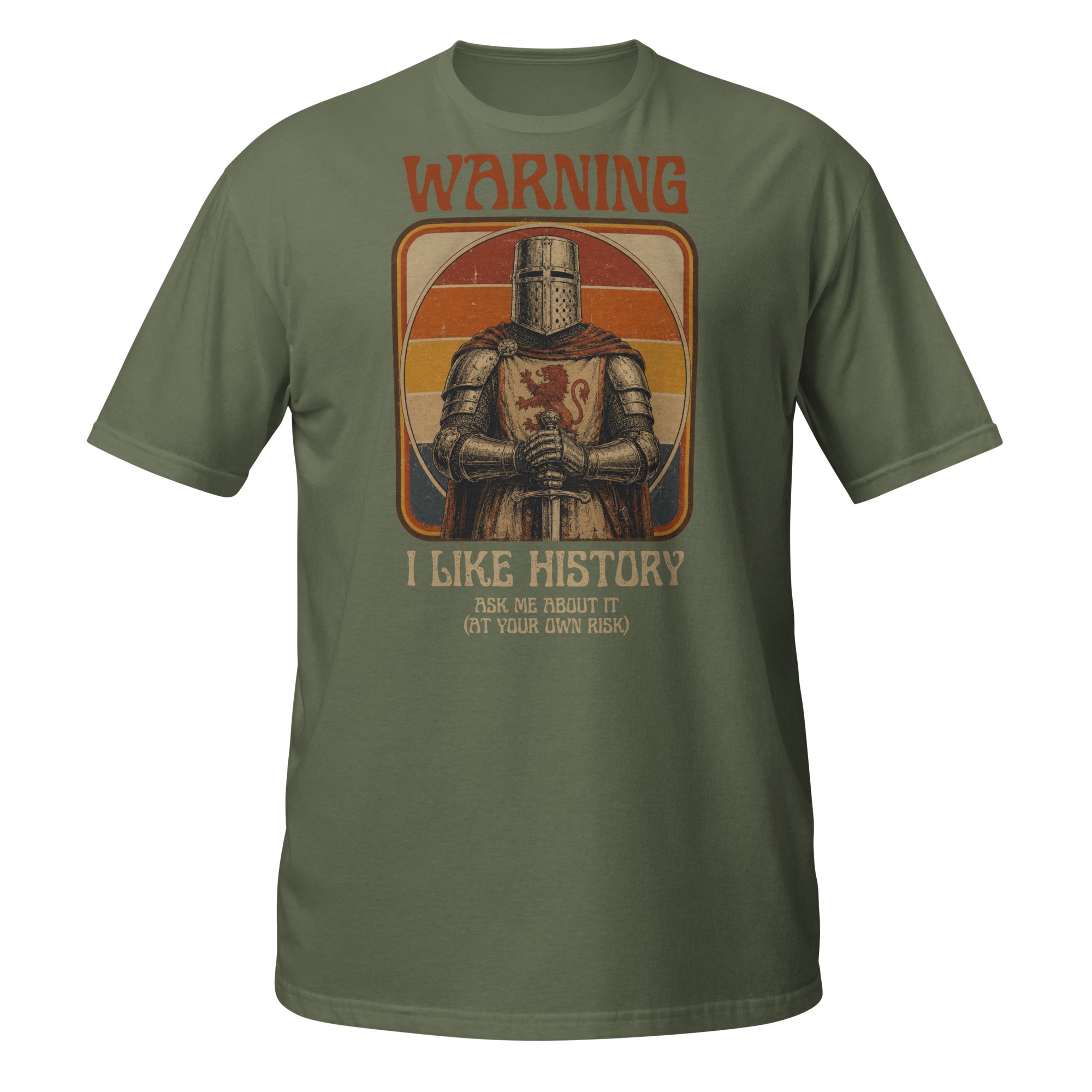 Warning: I Like History – Ask Me About It! Funny vintage history t-shirt featuring a medieval knight and retro 1970s design. Perfect gift for history buffs, teachers, museum lovers, and medieval enthusiasts ⚔️📚
