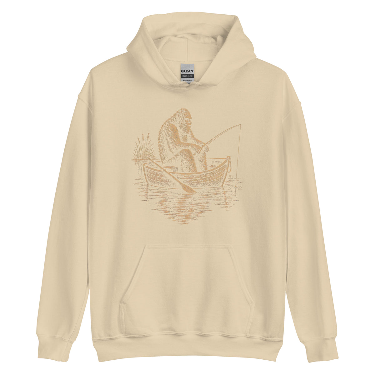 Vintage Bigfoot fishing hoodie featuring a peaceful Sasquatch in a rowboat. A cozy retro cryptid hoodie for anglers, campers and Bigfoot fans.