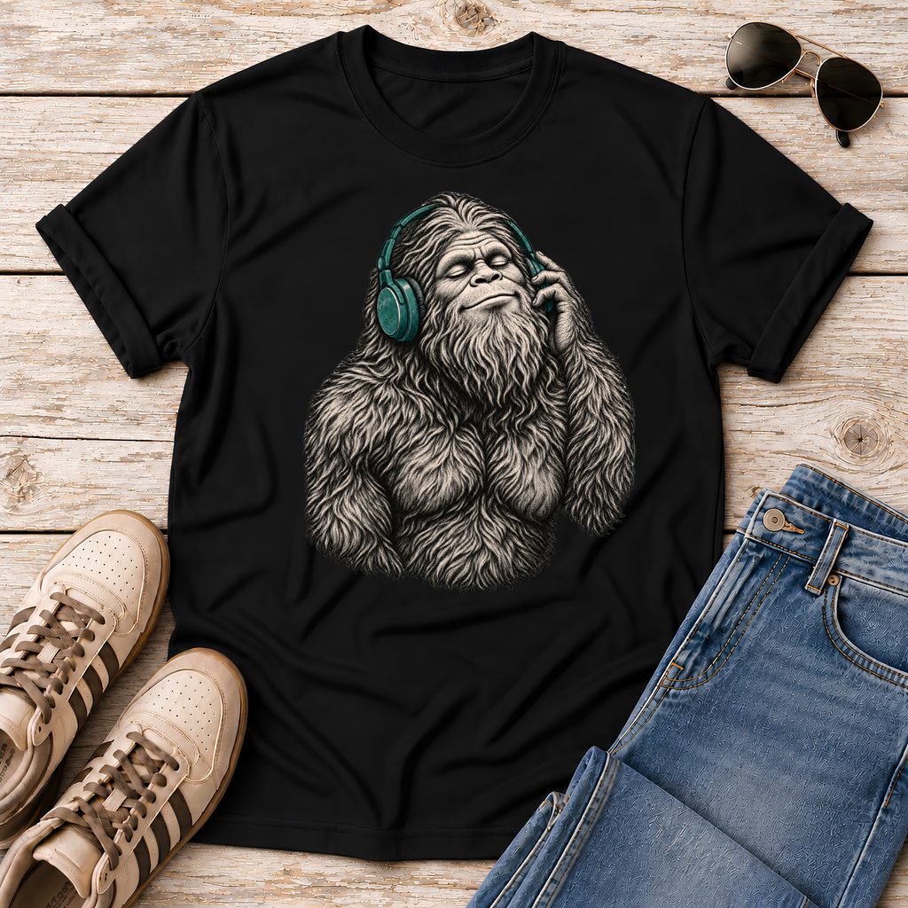 Shop the Bigfoot Headphones T-Shirt featuring a chill Sasquatch, vintage teal accents and distressed retro artwork for cryptid and music lovers.