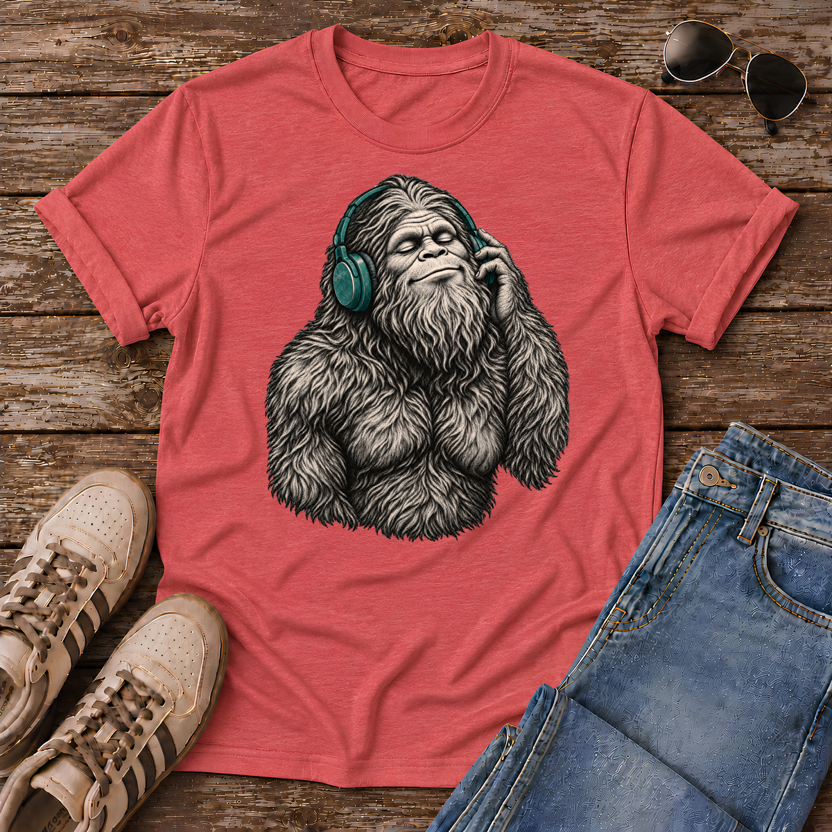 Shop the Bigfoot Headphones T-Shirt featuring a chill Sasquatch, vintage teal accents and distressed retro artwork for cryptid and music lovers.