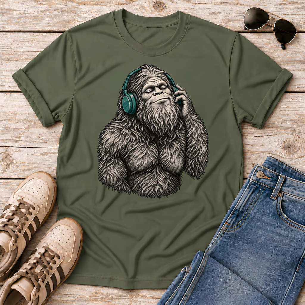Shop the Bigfoot Headphones T-Shirt featuring a chill Sasquatch, vintage teal accents and distressed retro artwork for cryptid and music lovers.