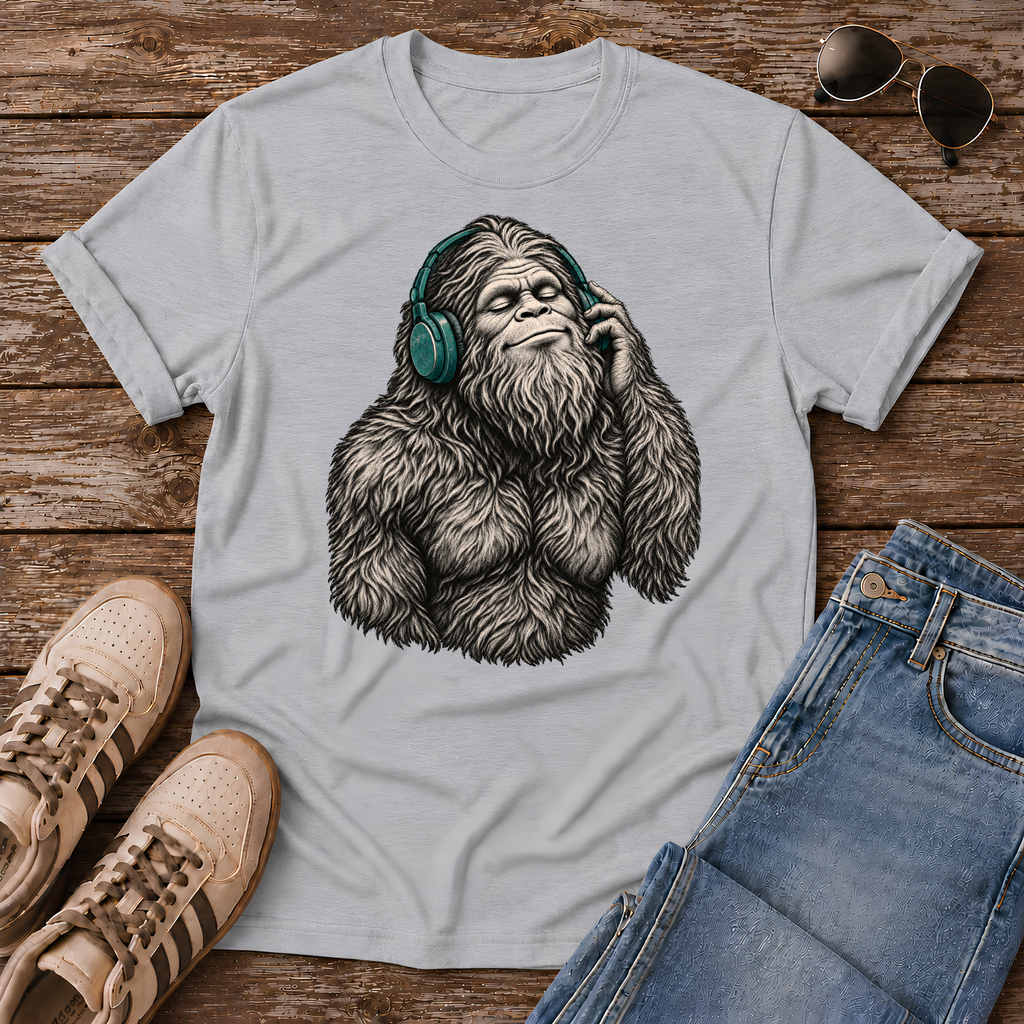 Shop the Bigfoot Headphones T-Shirt featuring a chill Sasquatch, vintage teal accents and distressed retro artwork for cryptid and music lovers.