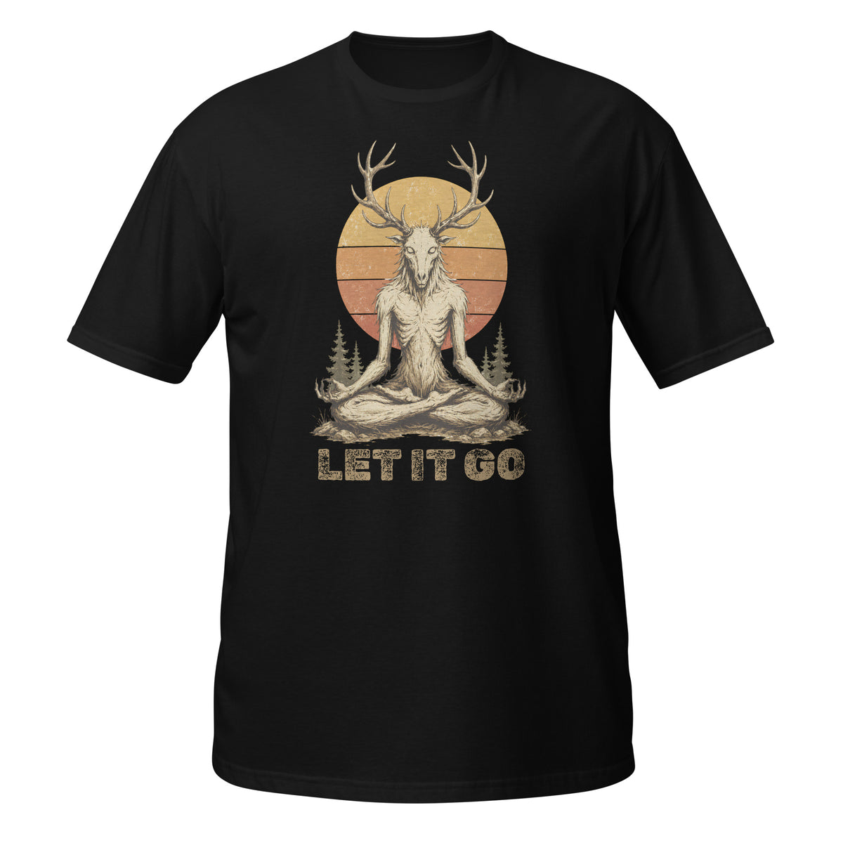 Shop the Meditating Wendigo Graphic T‑Shirt, featuring an antlered forest spirit meditating beneath a retro sunset. Perfect for cryptid fans, folklore lovers, and forest weirdos. 🦌🔮