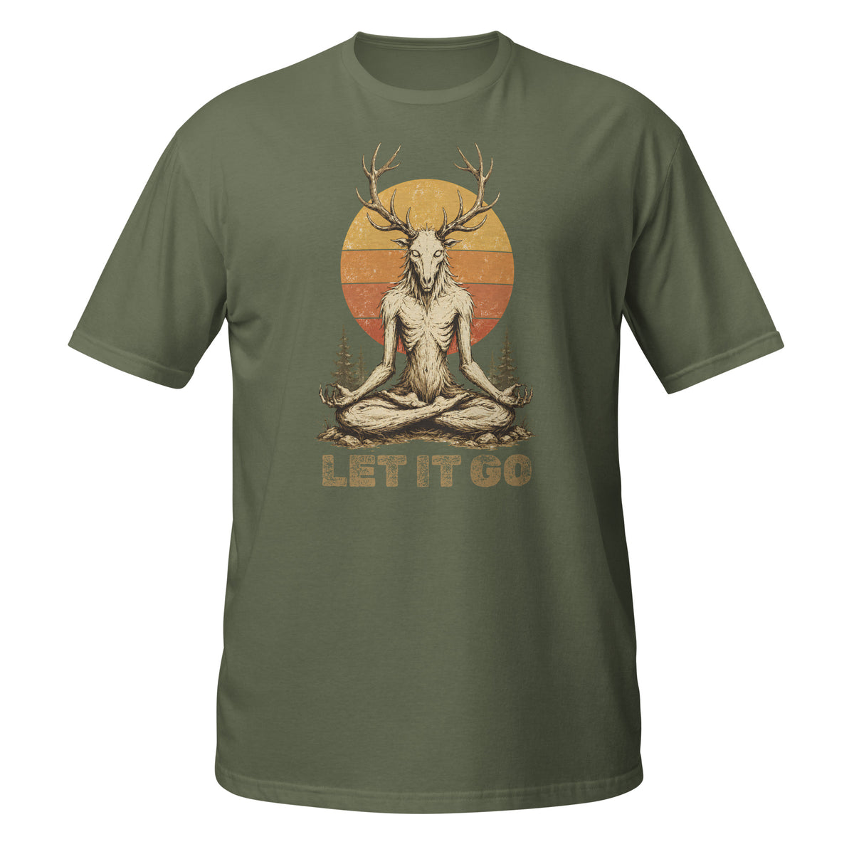 Shop the Meditating Wendigo Graphic T‑Shirt, featuring an antlered forest spirit meditating beneath a retro sunset. Perfect for cryptid fans, folklore lovers, and forest weirdos. 🦌🔮
