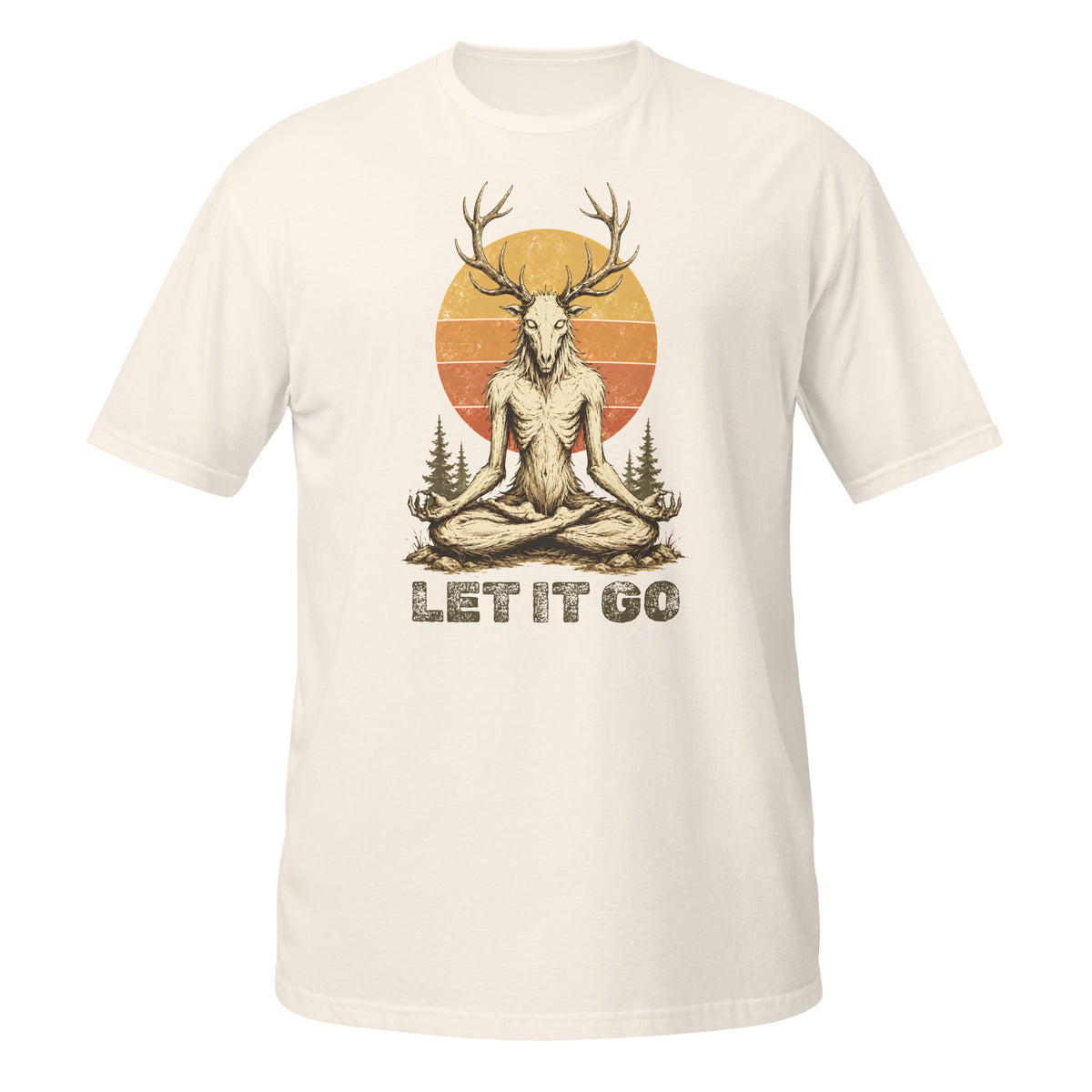 Shop the Meditating Wendigo Graphic T‑Shirt, featuring an antlered forest spirit meditating beneath a retro sunset. Perfect for cryptid fans, folklore lovers, and forest weirdos. 🦌🔮