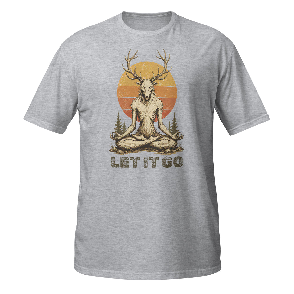 Shop the Meditating Wendigo Graphic T‑Shirt, featuring an antlered forest spirit meditating beneath a retro sunset. Perfect for cryptid fans, folklore lovers, and forest weirdos. 🦌🔮