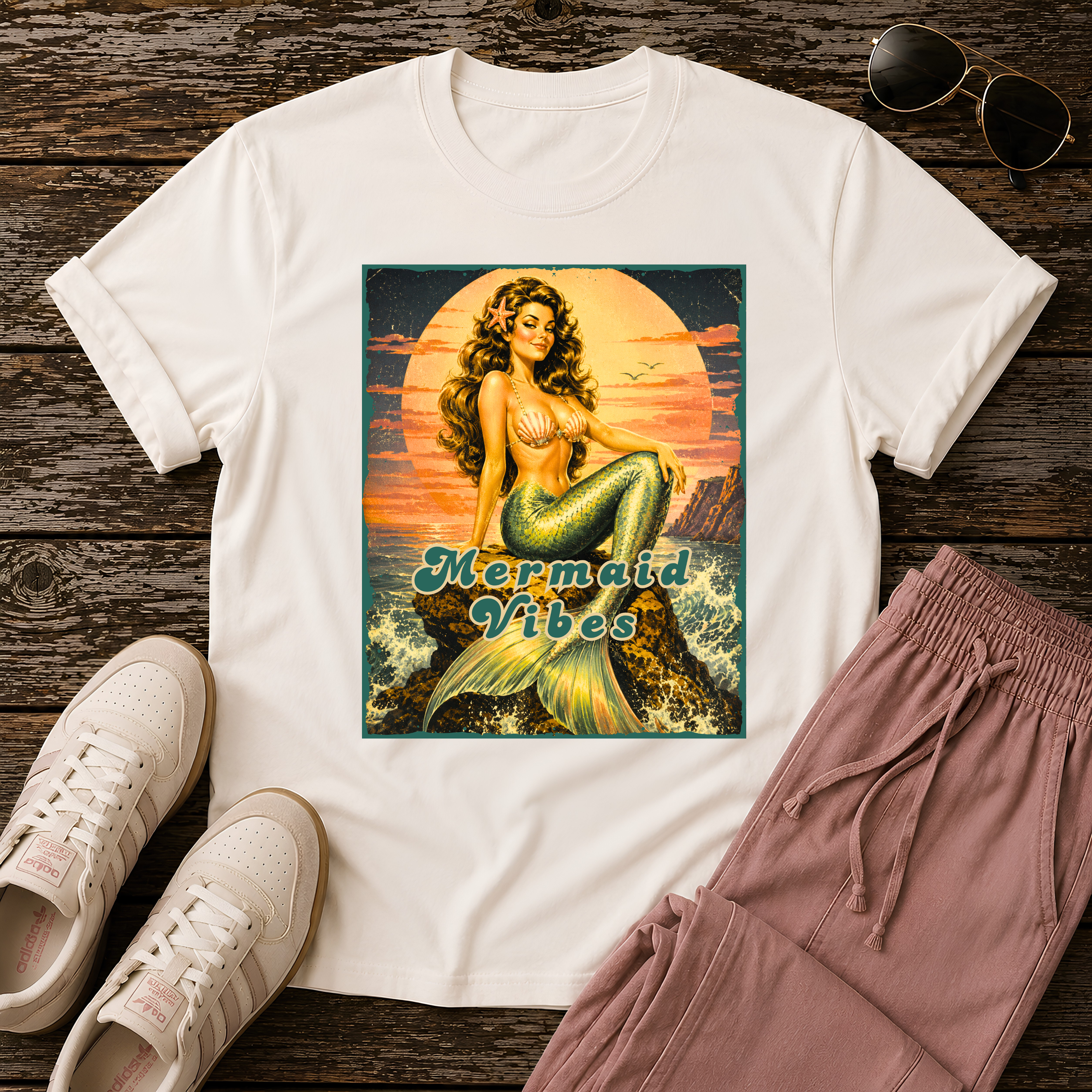 Mermaid Vibes Vintage Pinup Mermaid T‑Shirtv