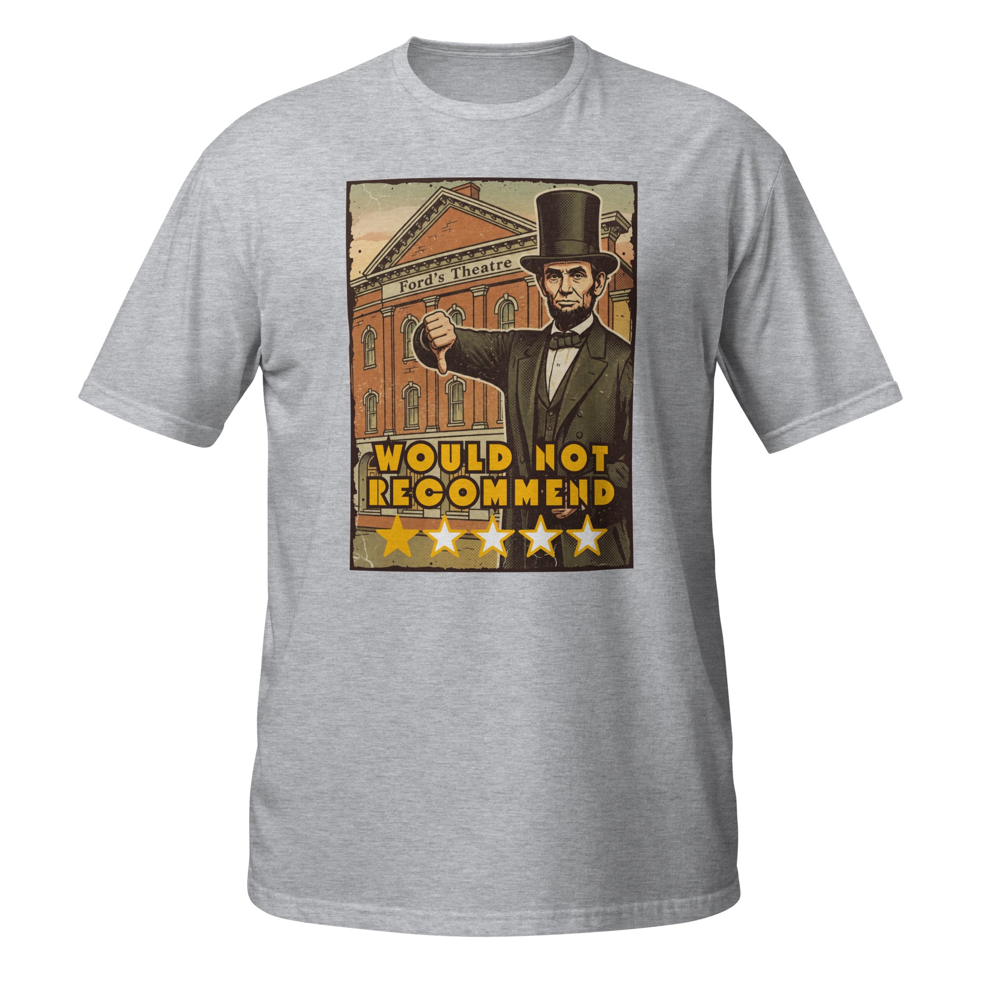 Vintage Abraham Lincoln Ford’s Theatre t-shirt with dark humor, retro 70s style, and a legendary 1-star historical review. 🎭⭐