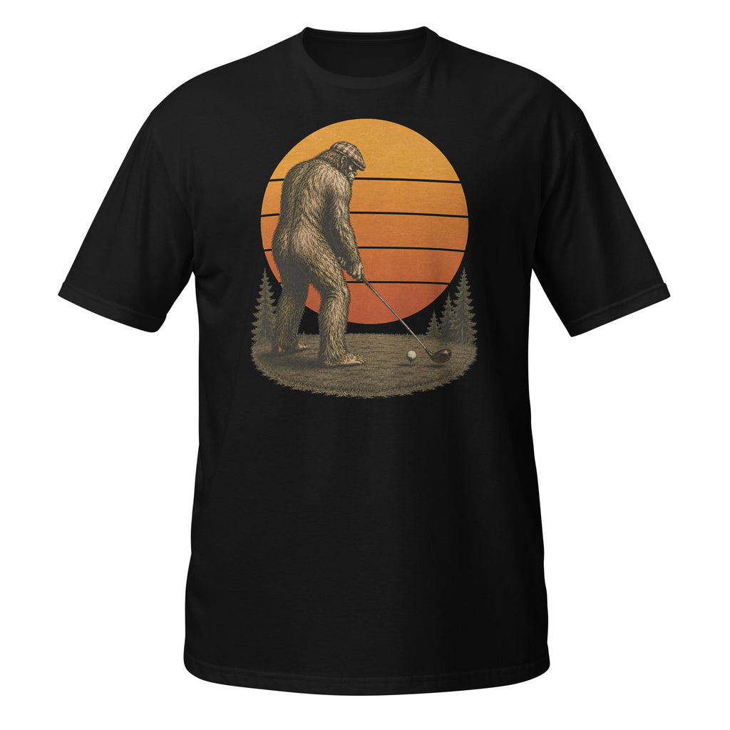 Vintage Bigfoot golfing graphic tee featuring Sasquatch lining up his drive beneath a retro sunset. A funny cryptid shirt for golfers and Bigfoot fans.
