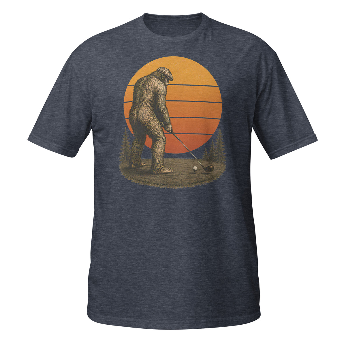 Vintage Bigfoot golfing graphic tee featuring Sasquatch lining up his drive beneath a retro sunset. A funny cryptid shirt for golfers and Bigfoot fans.