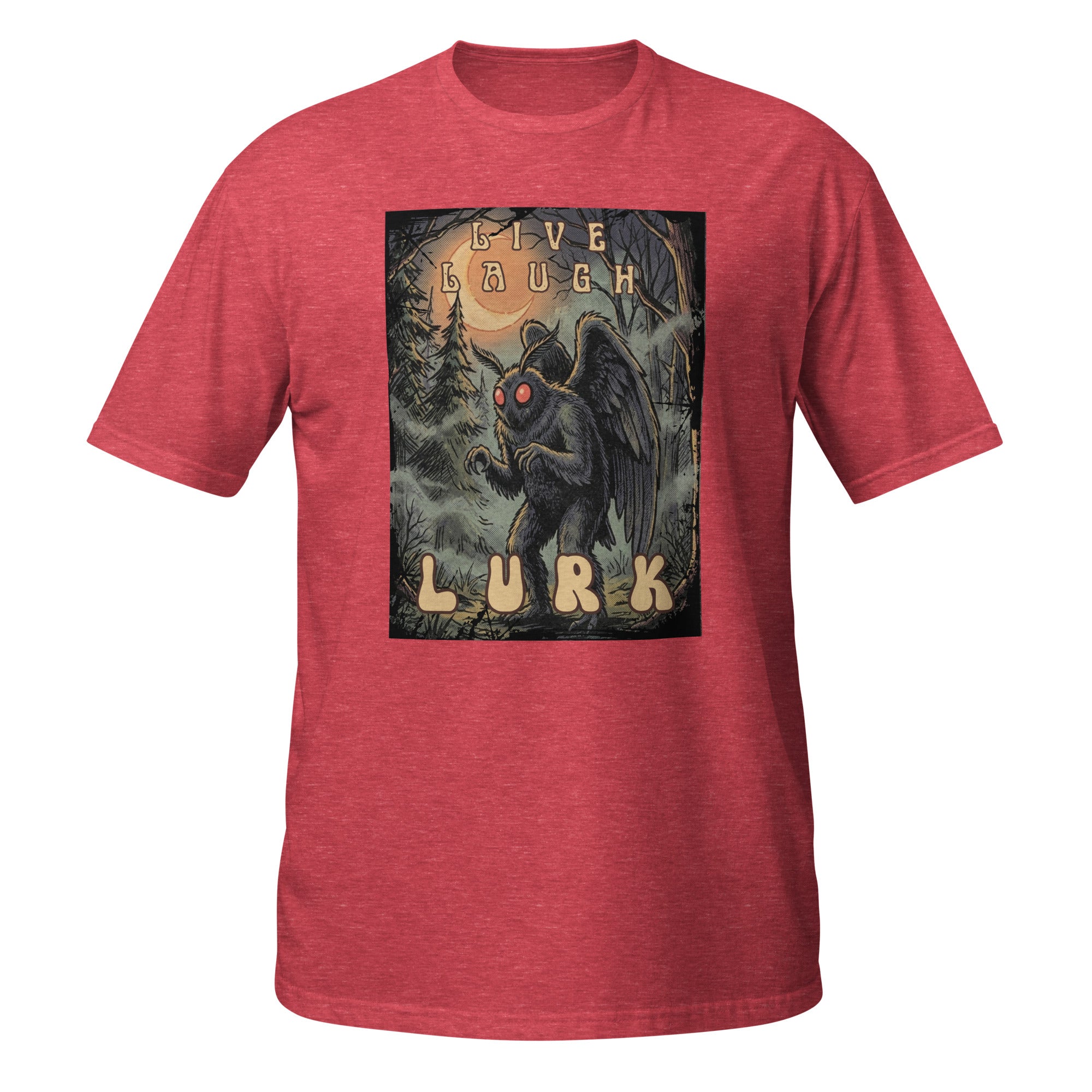 Vintage-inspired Mothman t-shirt with retro 1970s horror vibes, glowing red eyes, and creepy forest artwork. Perfect for cryptid lovers, folklore fans, and spooky season all year long. 🌕👀