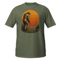 Vintage Bigfoot golfing graphic tee featuring Sasquatch lining up his drive beneath a retro sunset. A funny cryptid shirt for golfers and Bigfoot fans.