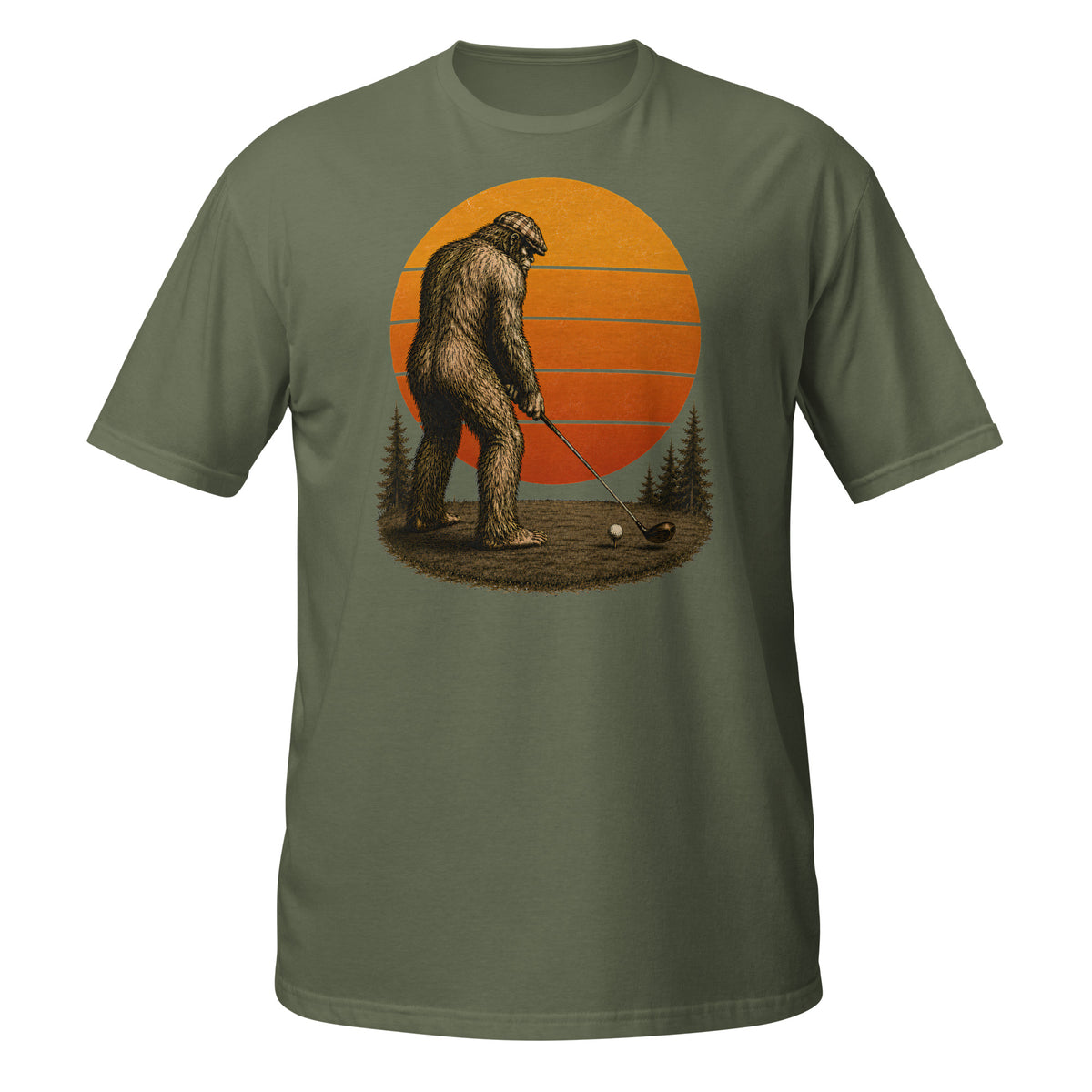 Vintage Bigfoot golfing graphic tee featuring Sasquatch lining up his drive beneath a retro sunset. A funny cryptid shirt for golfers and Bigfoot fans.