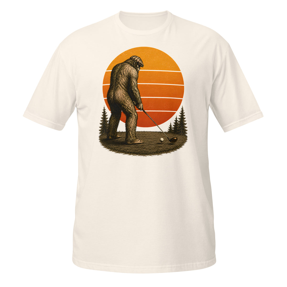 Vintage Bigfoot golfing graphic tee featuring Sasquatch lining up his drive beneath a retro sunset. A funny cryptid shirt for golfers and Bigfoot fans.